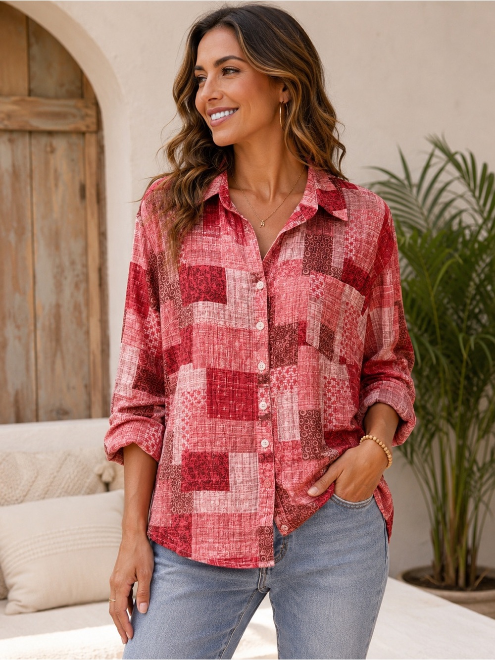 Joan Rivers Red Patchwork Button Down Blouse 2XP Petite Plus Cotton